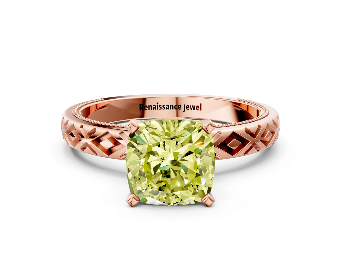 Rose gold Fancy Yellow Cushion  Solitaire Diamond Ring with Milgrain and Black Enamel X Pattern Band_183