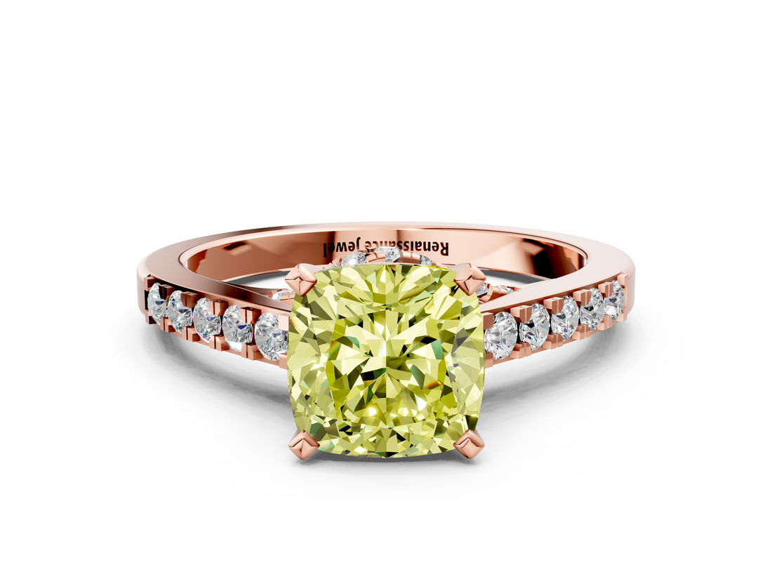Rose gold Fancy Yellow Cushion  Solitaire Diamond Ring with Pavé Band and Four-Prong Setting_112