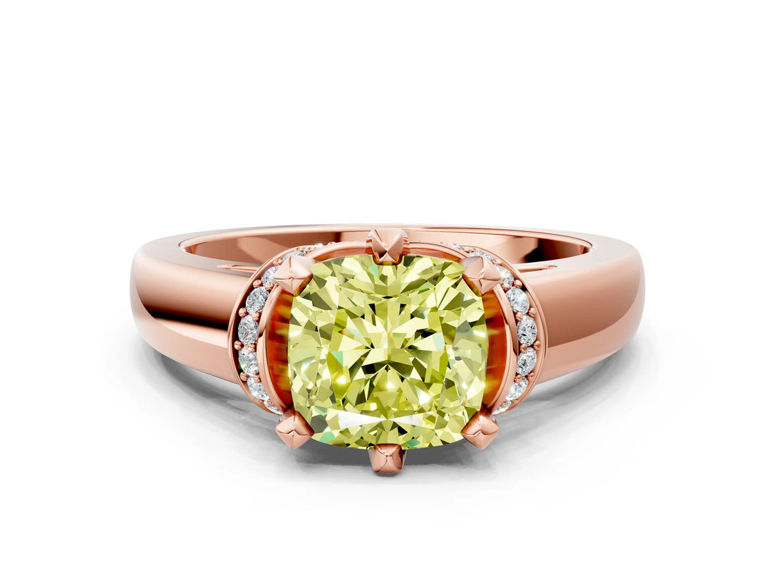 Rose gold Fancy Yellow Cushion  Solitaire Diamond Ring with Pave Band and Six-Prong Setting_32
