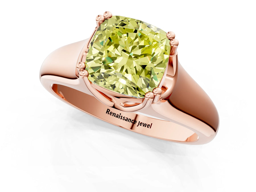 Rose gold Fancy Yellow Cushion Cut Diamond Solitaire Ring with Wide Band and Prong Setting