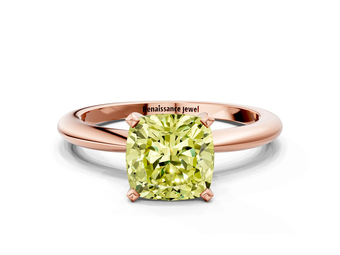 Rose gold Fancy Yellow Cushion  Solitaire Diamond Ring with Six-Prong Setting on a Classic Band