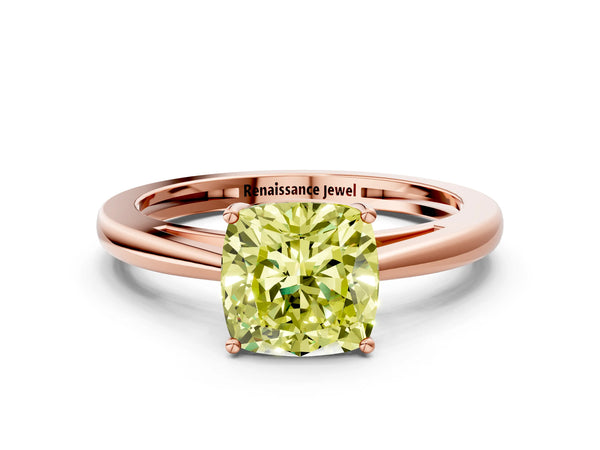 Rose gold Fancy Yellow Cushion  Solitaire Diamond Ring with Split Shank and Four-Prong Setting