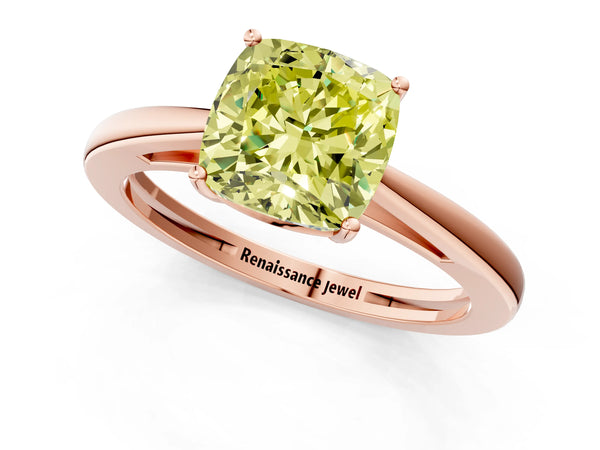 Rose gold Fancy Yellow Cushion  Solitaire Diamond Ring with Split Shank and Four-Prong Setting