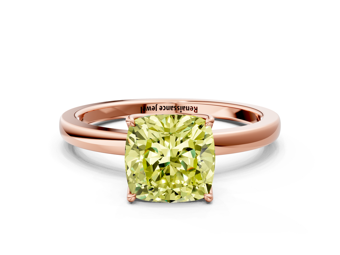 Rose gold Fancy Yellow Cushion  Solitaire Diamond Ring with Thin Band and Four-Prong Setting_3