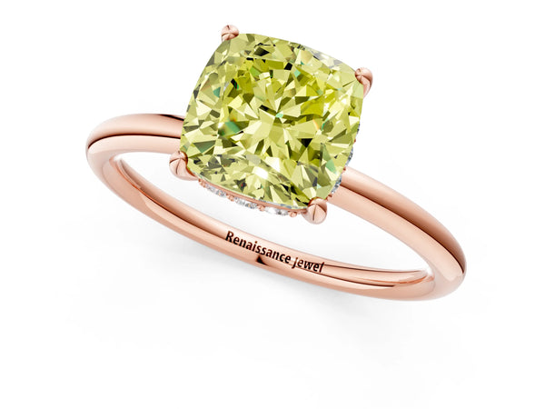 Rose gold Fancy Yellow Cushion  Solitaire Diamond Ring with a Classic Band and Four-Prong Setting