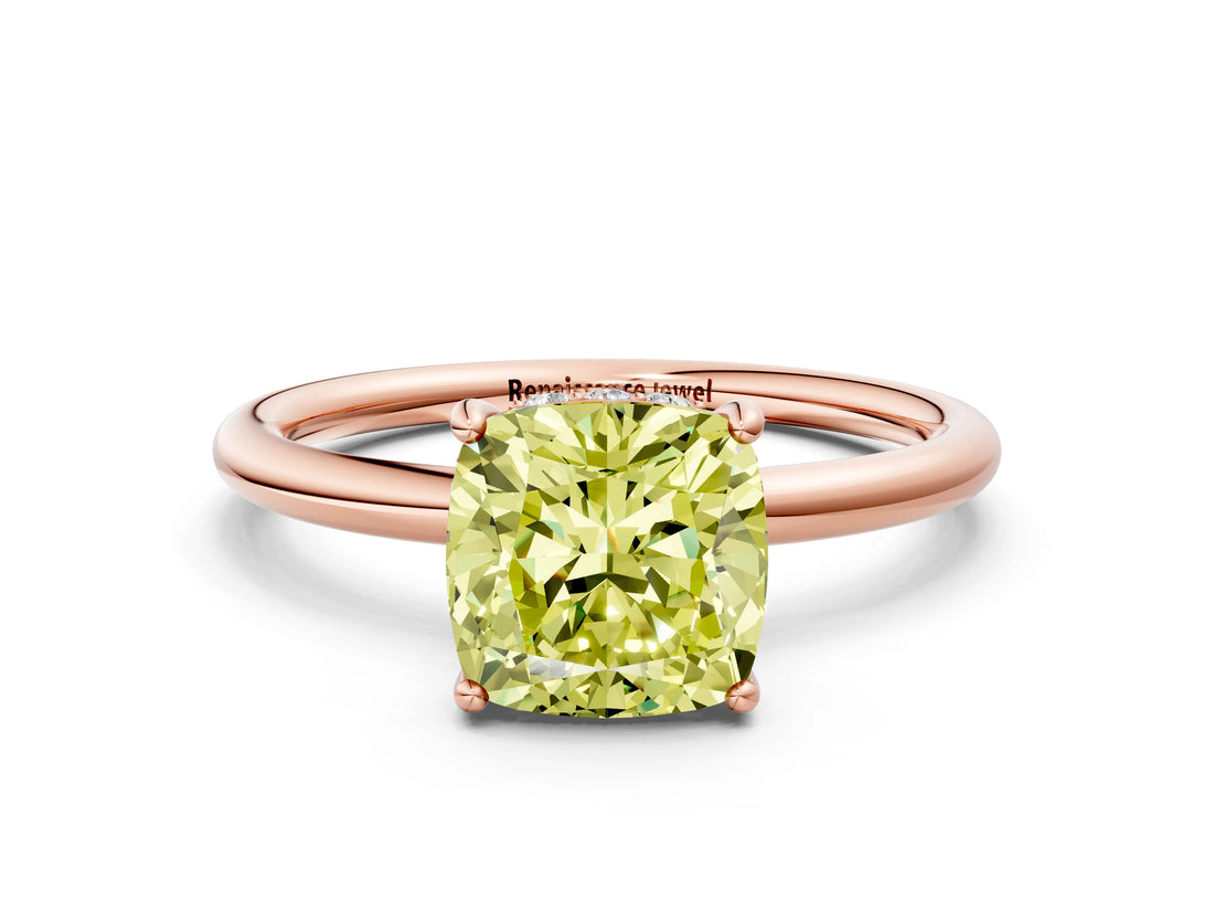 Rose gold Fancy Yellow Cushion  Solitaire Diamond Ring with a Classic Band and Four-Prong Setting