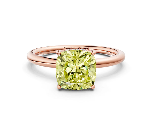 Rose gold Fancy Yellow Cushion  Solitaire Diamond Ring with a Classic Band and Four-Prong Setting