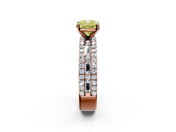 Rose gold Fancy Yellow Cushion Cut Diamond Solitaire Ring with Pavé and Channel Set Band