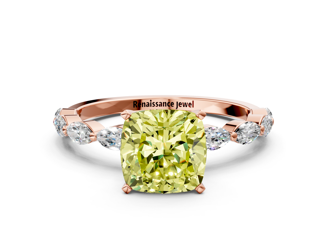 Rose gold Fancy Yellow Cushion  Solitaire Marquise Side Stone Prong Setting Ring_44