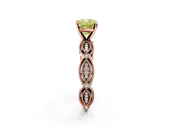 Rose gold Fancy Yellow Cushion  Solitaire Milgrain Diamond Engagement Ring with Bezel and Marquise Band