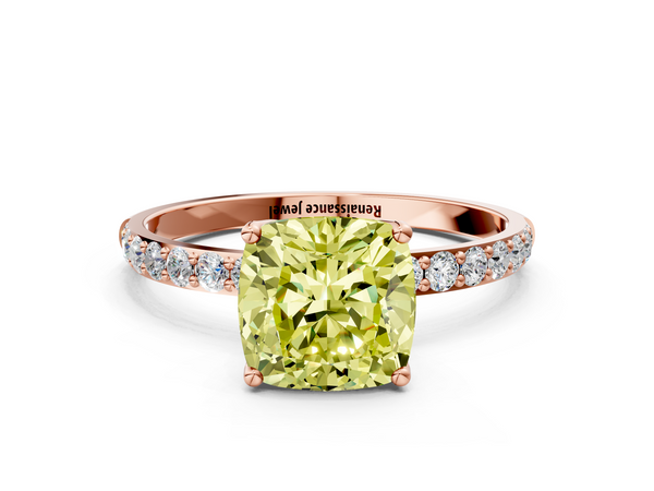 Rose gold Fancy Yellow Cushion Cut Diamond Solitaire Engagement Ring with Round  Pavé Band and Prong Setting