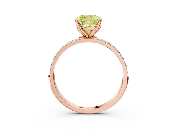 Rose gold Fancy Yellow Cushion Cut Diamond Solitaire Engagement Ring with Round  Pavé Band and Prong Setting