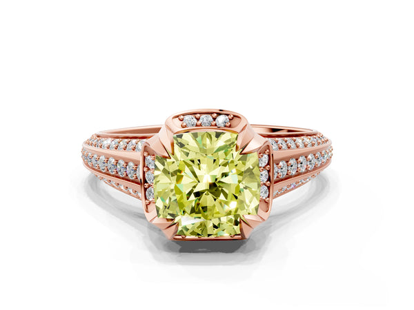 Rose gold Fancy Yellow Cushion  Solitaire Pave Split Shank Ring with Four-Prong Setting