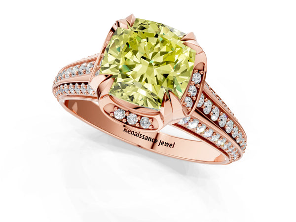 Rose gold Fancy Yellow Cushion  Solitaire Pave Split Shank Ring with Four-Prong Setting