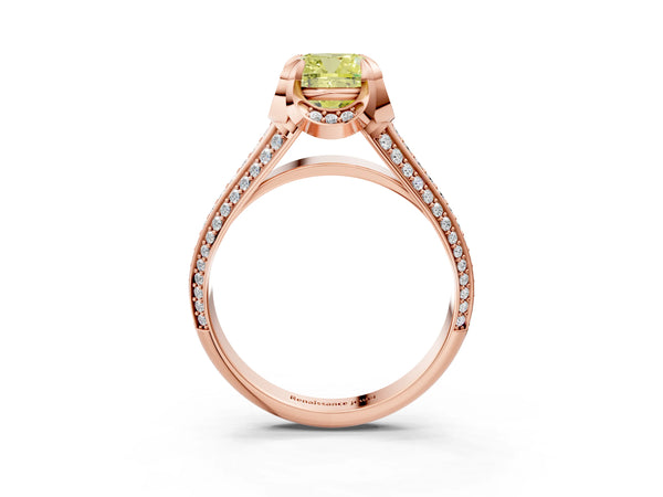 Rose gold Fancy Yellow Cushion  Solitaire Pave Split Shank Ring with Four-Prong Setting