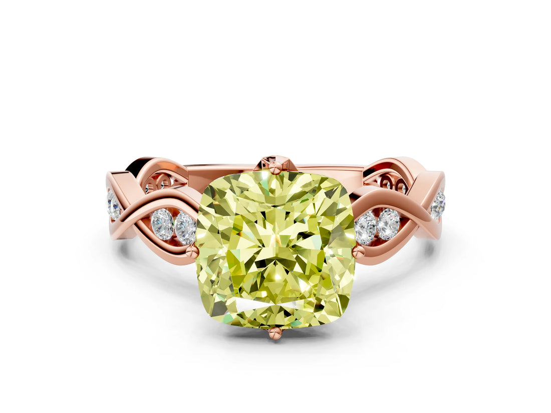Rose gold Fancy Yellow Cushion  Solitaire Twist Band with Leaf Prong Setting 1