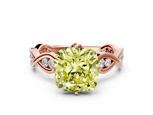 Rose gold Fancy Yellow Cushion  Solitaire Twist Band with Leaf Prong Setting