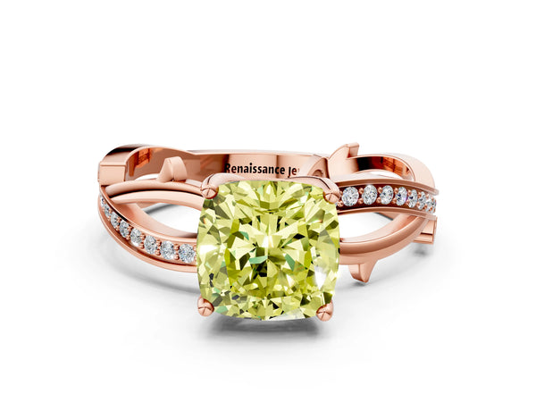 Rose gold Fancy Yellow Cushion  Solitaire Twist Band with Pavé Accents and Four-Prong Setting