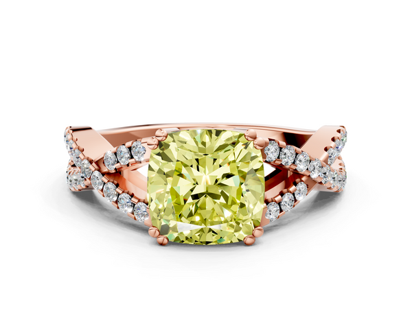Rose gold Fancy Yellow Cushion Cut Diamond Solitaire Ring with Four-Prong Setting and Twisted Pavé Band