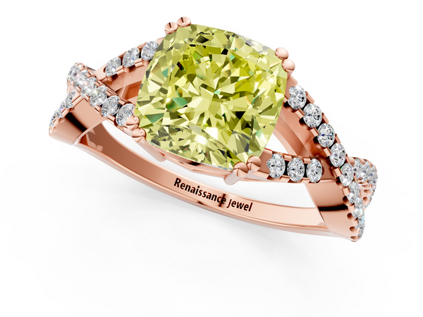 Rose gold Fancy Yellow Cushion Cut Diamond Solitaire Ring with Four-Prong Setting and Twisted Pavé Band