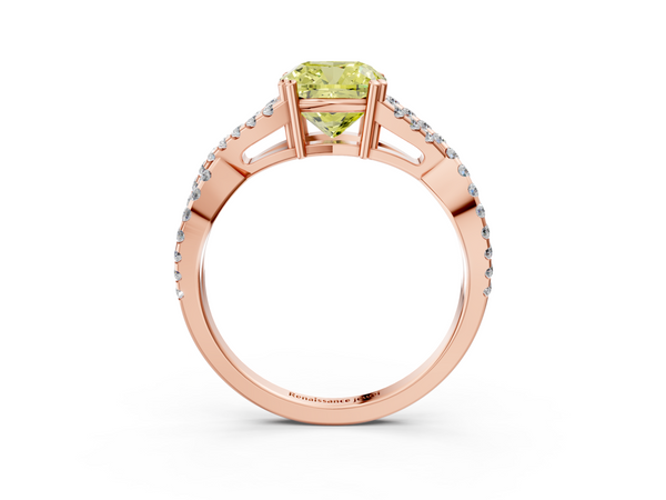 Rose gold Fancy Yellow Cushion Cut Diamond Solitaire Ring with Four-Prong Setting and Twisted Pavé Band