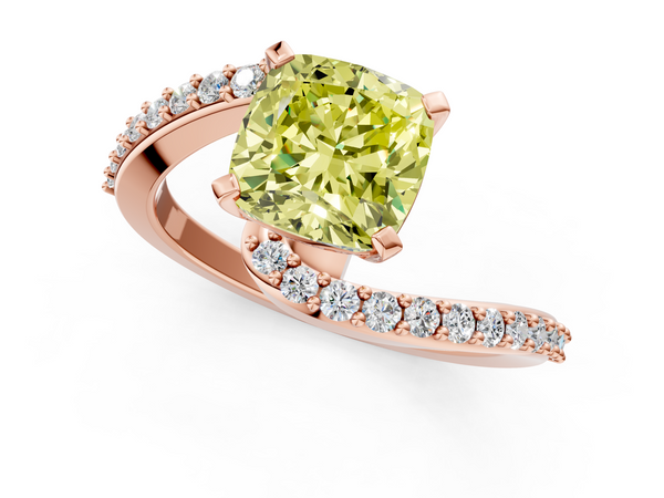 Rose gold Fancy Yellow Cushion  Solitaire Twist Band with Pave Set Diamonds and Four-Prong Setting