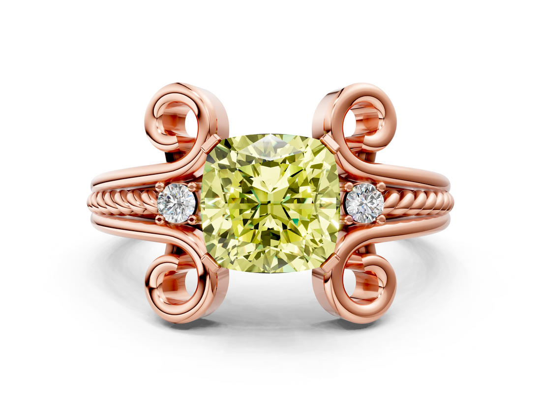Rose gold Fancy Yellow Cushion  Solitaire Twisted Band Scroll Prong Ring_3