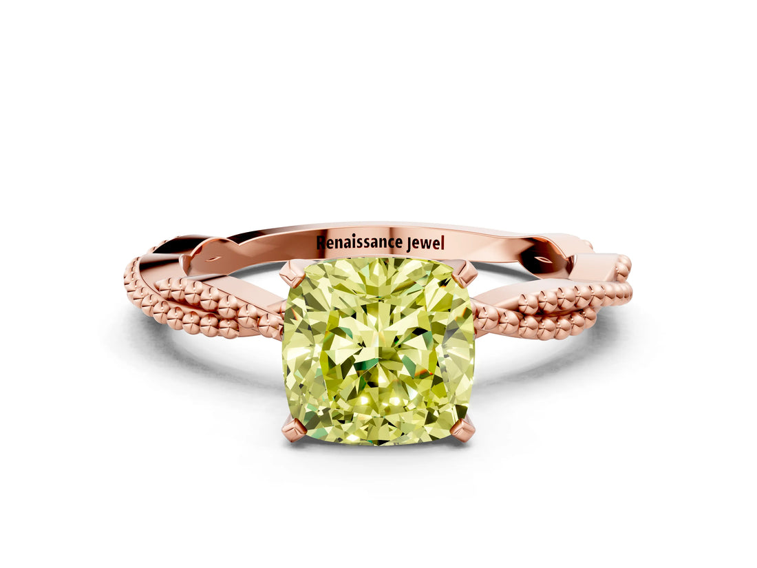 Rose gold Fancy Yellow Cushion  Solitaire Twisted Band with Bead Prong Setting_293