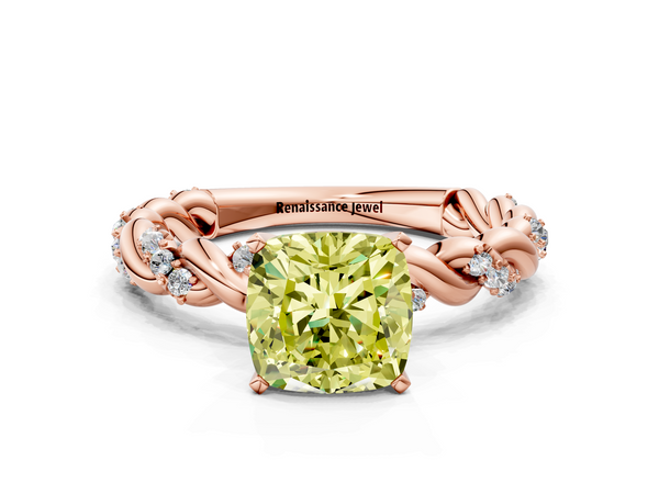 Rose gold Fancy Yellow Cushion Cut Diamond Solitaire Ring with Twisted Band and Pavé Accents