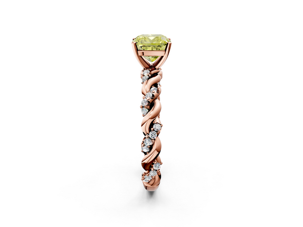 Rose gold Fancy Yellow Cushion Cut Diamond Solitaire Ring with Twisted Band and Pavé Accents