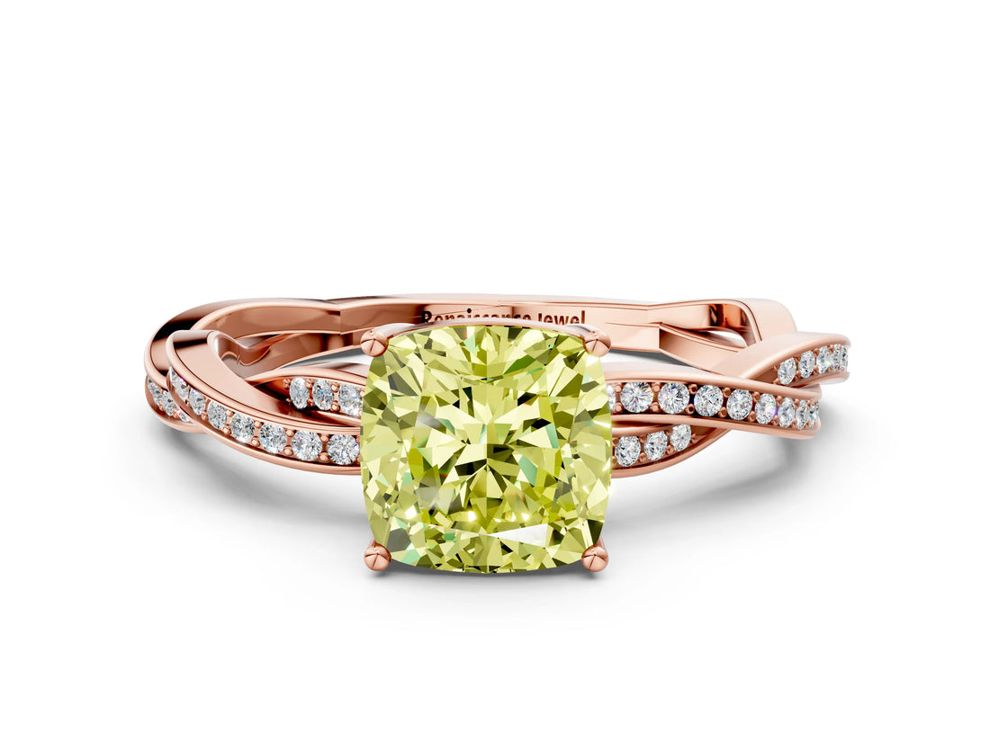 Rose gold Fancy Yellow Cushion  Solitaire Twisted Pave Diamond Ring with Four-Prong Setting_24