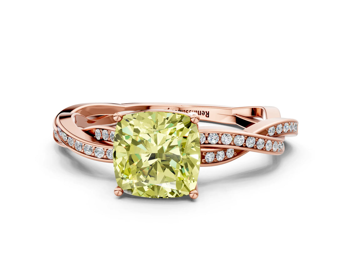 Rose gold Fancy Yellow Cushion  Solitaire Twisted Pave Diamond Ring with Four-Prong Setting_80