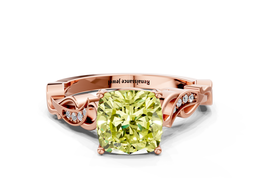 Rose gold Fancy Yellow Cushion  Solitaire Vine Band with Milgrain Prong Setting_3