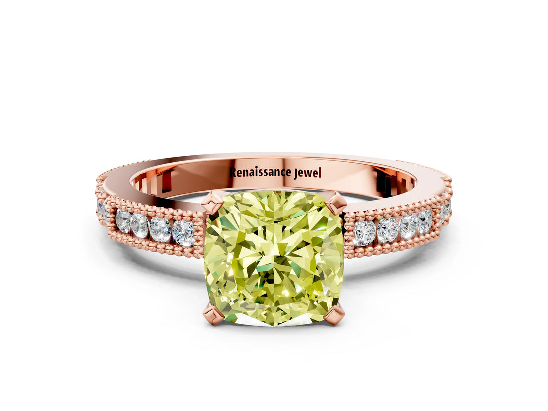 Rose gold Fancy Yellow Cushion  Solitaire with Pavé Band and Four-Prong Setting_307