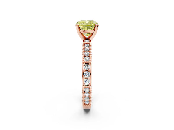 Rose gold Fancy Yellow Cushion  Solitaire with Pavé Band and Four-Prong Setting
