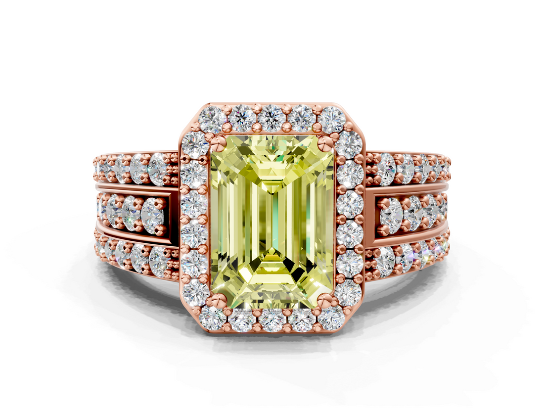 Rose gold Fancy Yellow Emerald -Cut Halo Diamond Ring with Split Shank and Four-Prong Setting_91