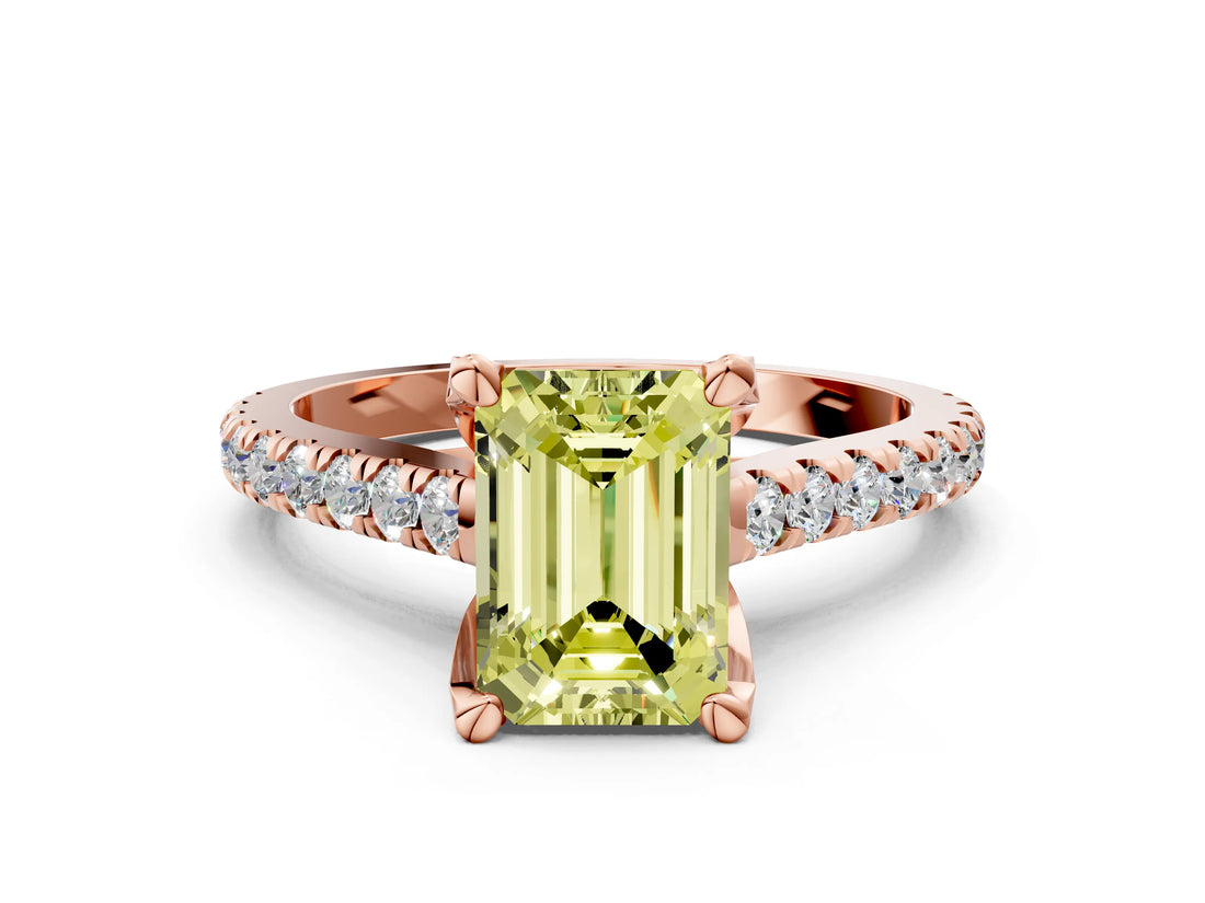 Rose gold Fancy Yellow Emerald  Brilliant Diamond Solitaire with Pavé Band and Four-Prong Setting