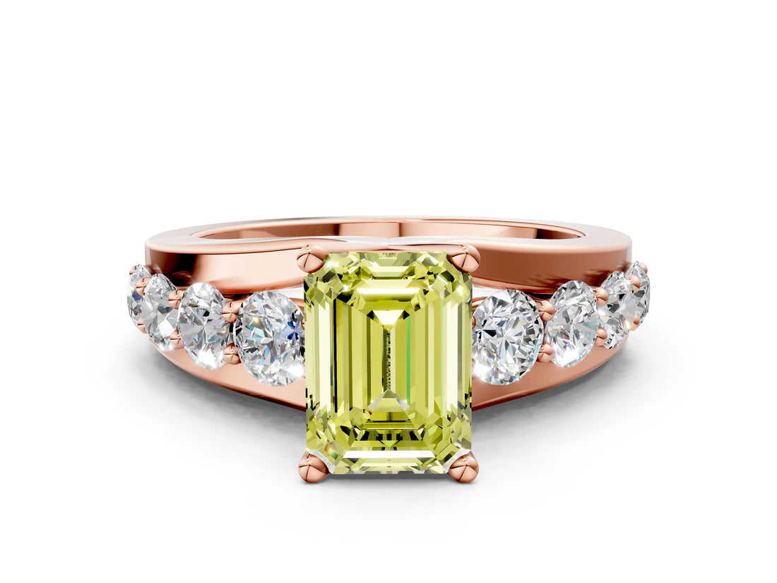 Rose gold Fancy Yellow Emerald  Brilliant Solitaire with Side Stones on a Pave Band and Four-Prong Setting_24