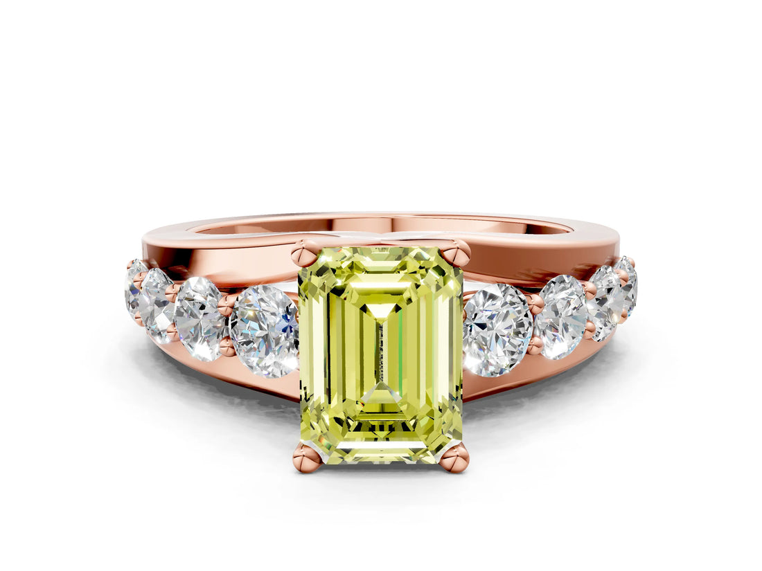 Rose gold Fancy Yellow Emerald  Brilliant Solitaire with Side Stones on a Pave Band and Four-Prong Setting_37