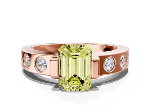 Rose gold Fancy Yellow Emerald Cut Brilliant Channel-Set Diamond Ring with Bezel Prong Setting