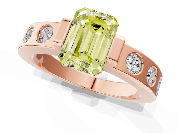 Rose gold Fancy Yellow Emerald Cut Brilliant Channel-Set Diamond Ring with Bezel Prong Setting