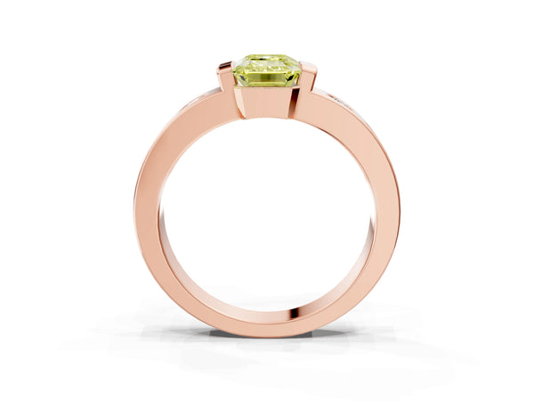 Rose gold Fancy Yellow Emerald Cut Brilliant Channel-Set Diamond Ring with Bezel Prong Setting