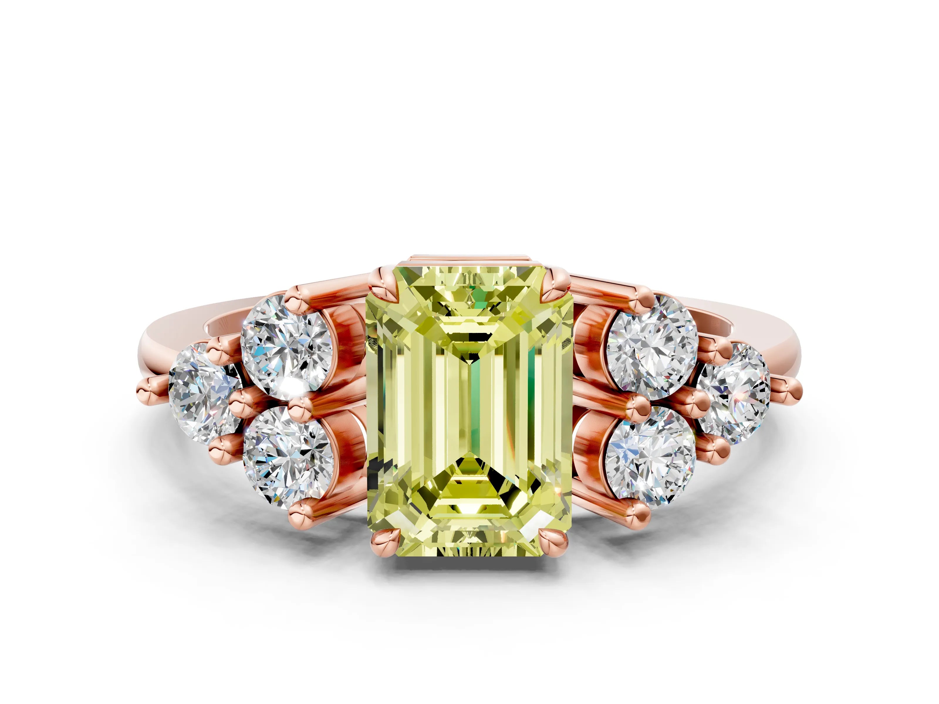 Rose gold Fancy Yellow Emerald Cut Brilliant Diamond Cluster Accent Solitaire Ring with Prong Setting