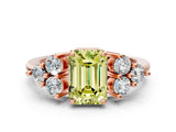 Rose gold Fancy Yellow Emerald Cut Brilliant Diamond Cluster Accent Solitaire Ring with Prong Setting