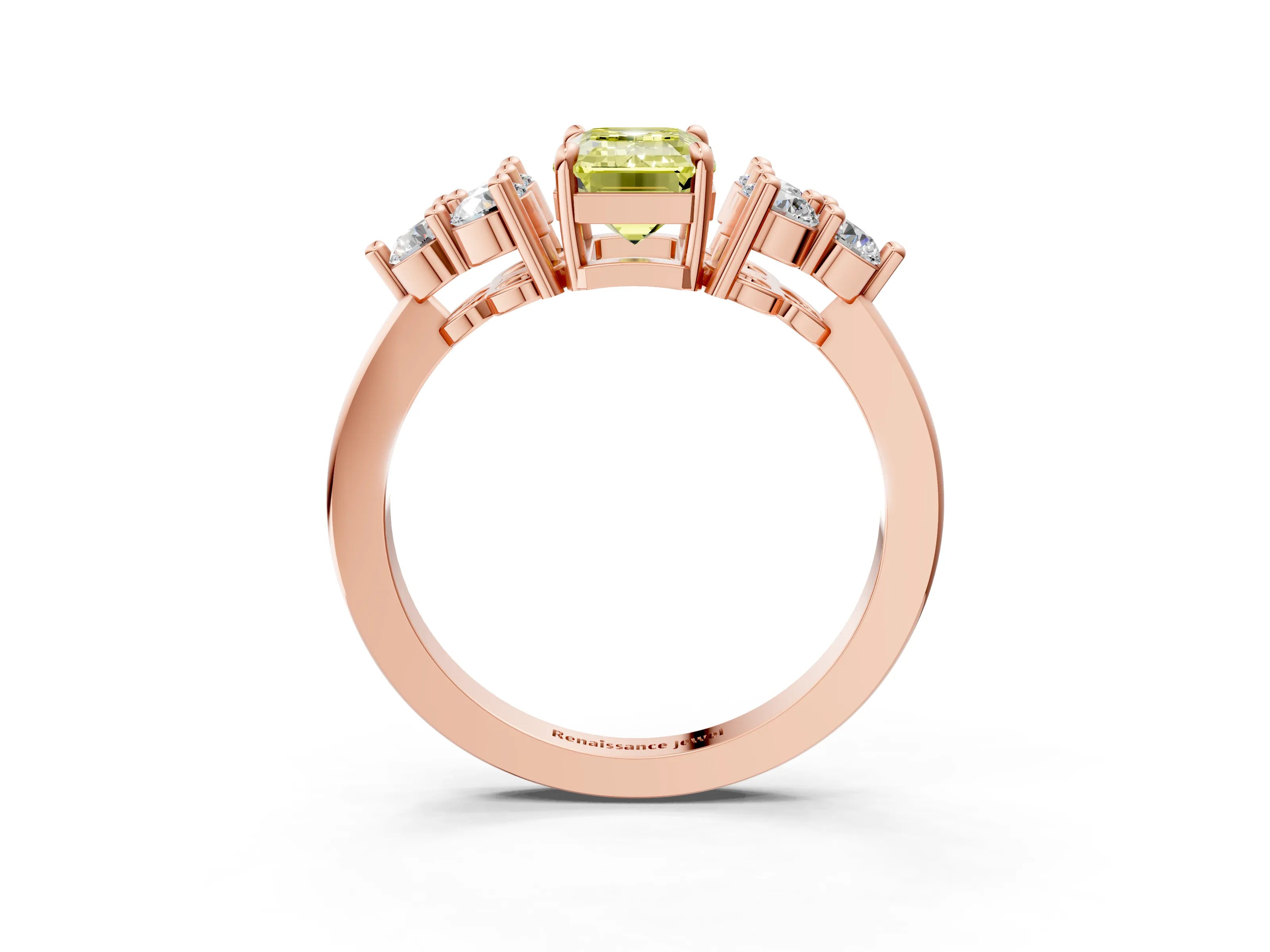 Rose gold Fancy Yellow Emerald Cut Brilliant Diamond Cluster Accent Solitaire Ring with Prong Setting_3
