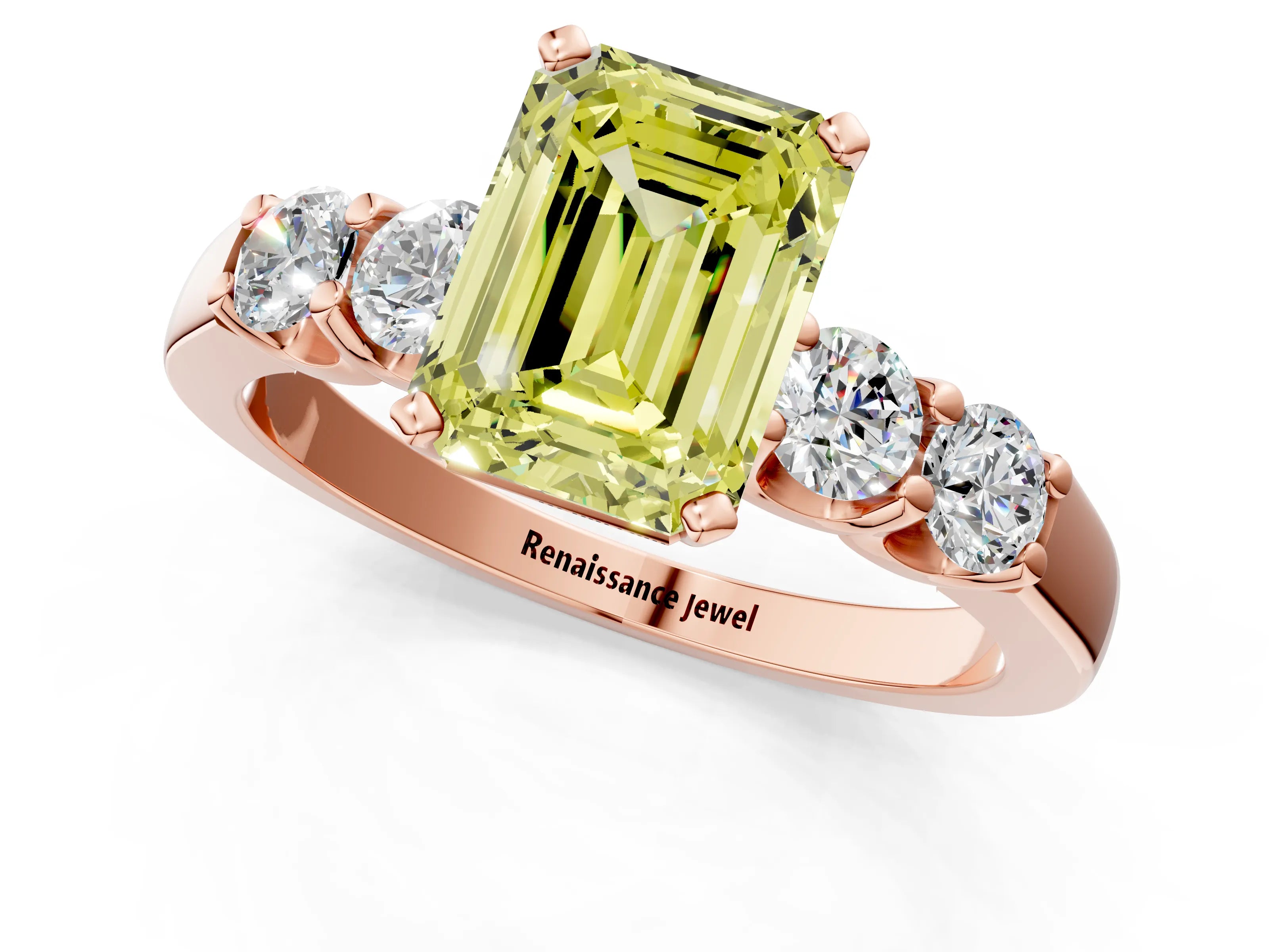 Rose gold Fancy Yellow Emerald Cut Brilliant Diamond Five-Stone Engagement Ring with Prong Setting on a Classic Band_4