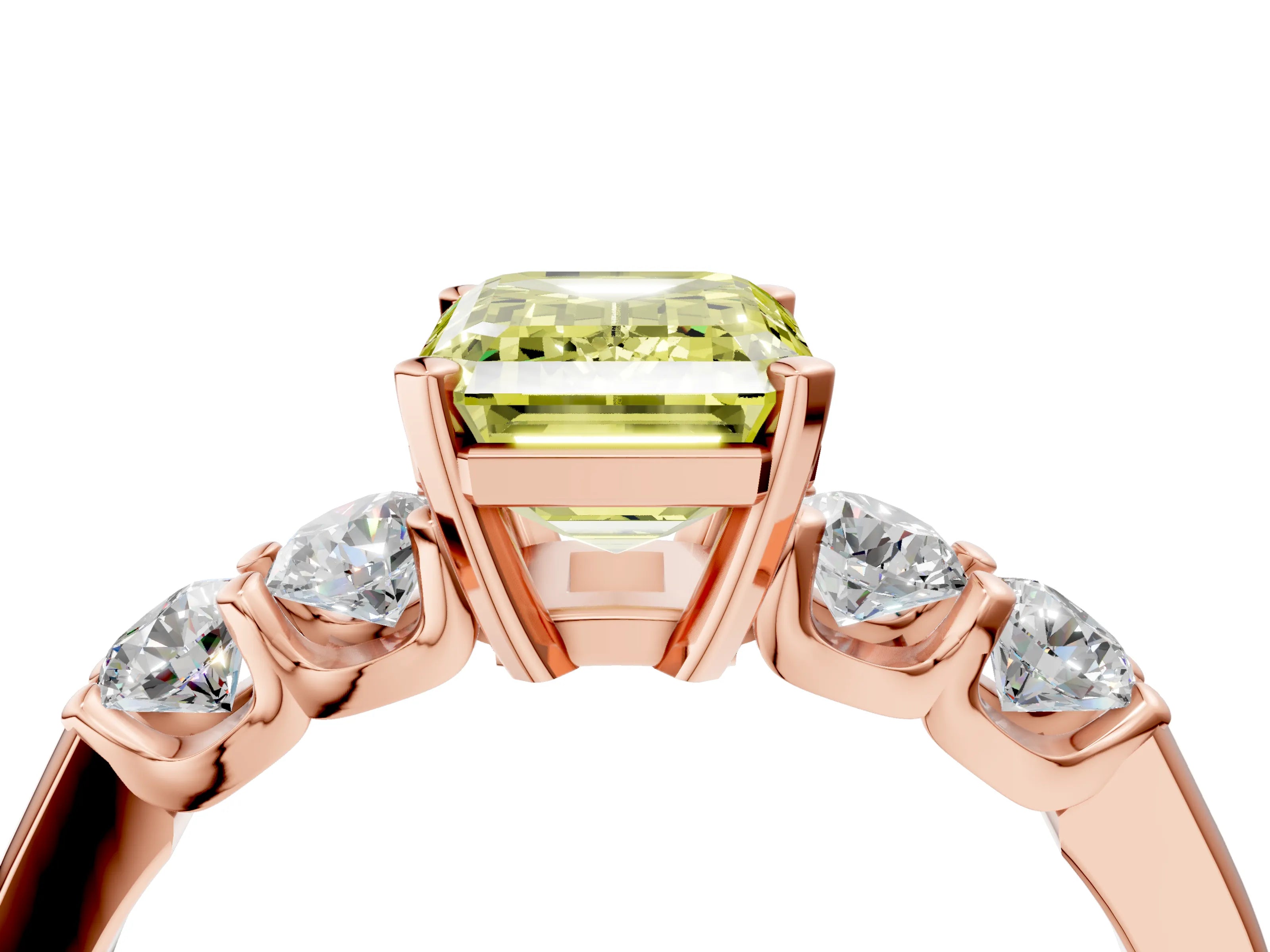 Rose gold Fancy Yellow Emerald Cut Brilliant Diamond Five-Stone Engagement Ring with Prong Setting on a Classic Band_7