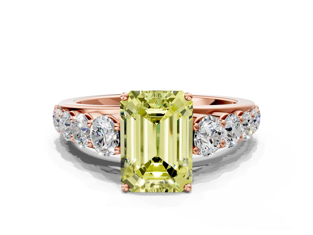 Rose gold Fancy Yellow Emerald Cut Brilliant Diamond Pavé Band with Six-Prong Setting