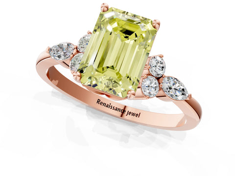 Rose gold Fancy Yellow Emerald Cut Brilliant Diamond Solitaire Ring with Pear Side Stones and Four-Prong Setting_4