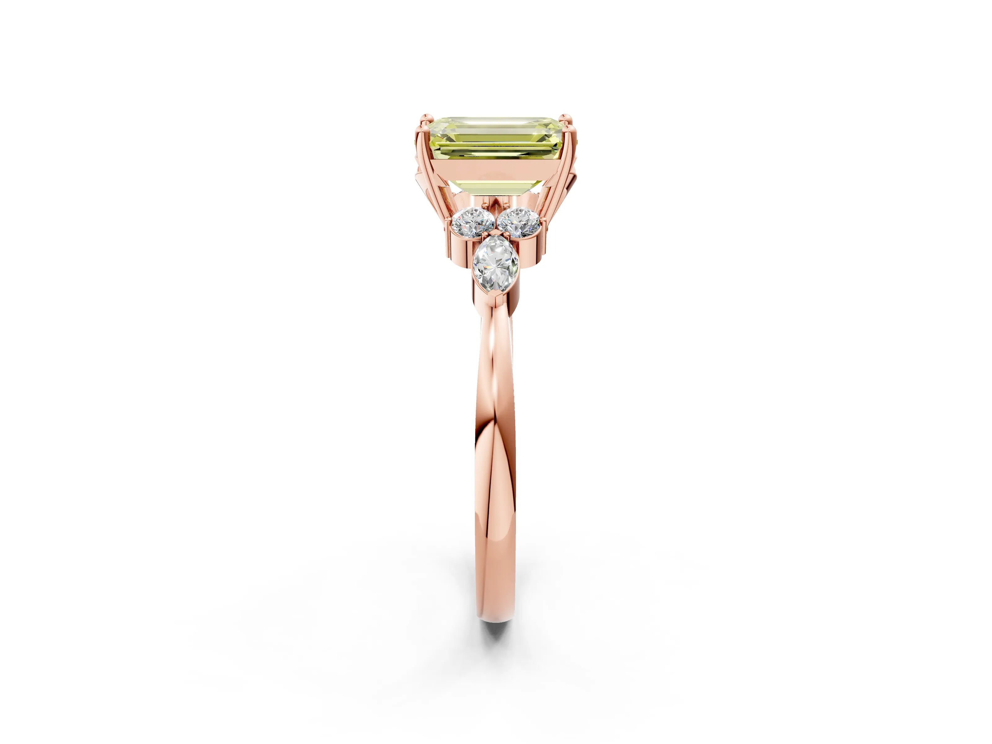 Rose gold Fancy Yellow Emerald Cut Brilliant Diamond Solitaire Ring with Pear Side Stones and Four-Prong Setting_5